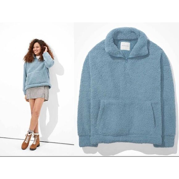 American Eagle Pullover half Zip Teddy Bear Fleece Sweater Size L - Picture 1 of 8